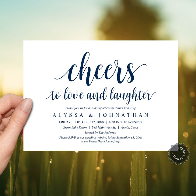 Liebe und Gelächter, Hochzeitsfeier, Probe Einladung (Cheers to love and laughter, Modern Wedding Rehearsal Dinner Invitation Card, PDF, Navy Blue)