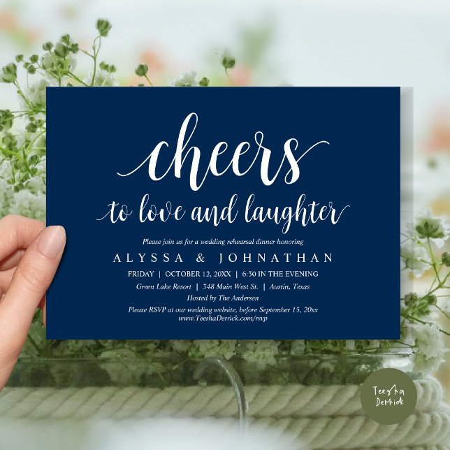 Liebe und Gelächter, Hochzeitsfeier, Probe Einladung (Cheers to love and laughter, Modern Wedding Rehearsal Dinner Invitation Card, PDF, Navy Blue)