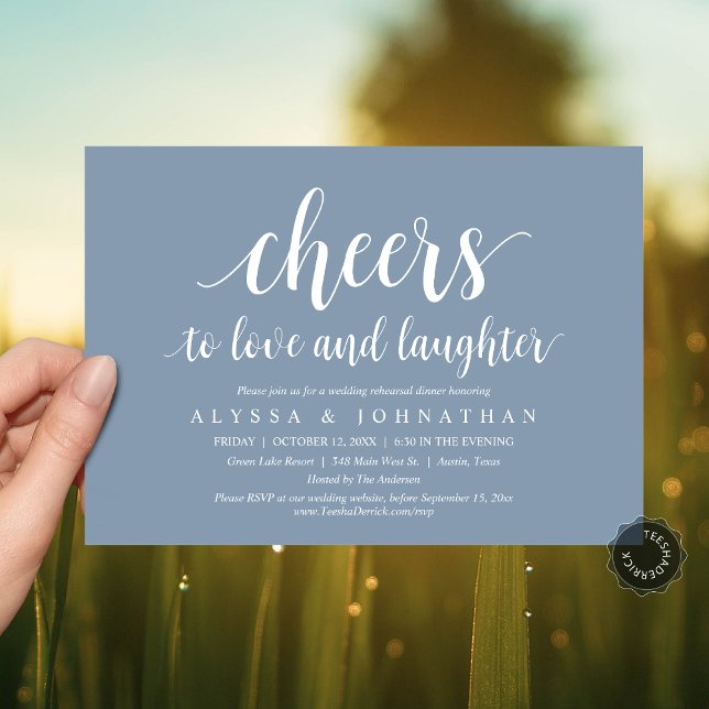 Liebe und Gelächter, Hochzeitsfeier, Probe Einladung (Cheers to love and laughter, Modern Wedding Rehearsal Dinner Invitation Card, PDF, Dusty Blue)