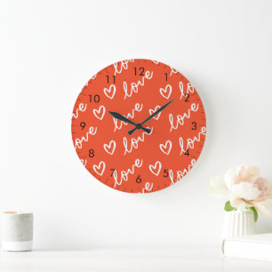 Liebe und Herzdoodles - rot Große Wanduhr