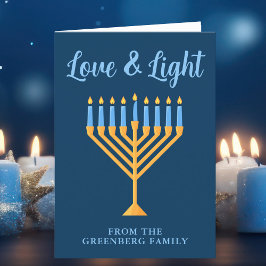 Liebe und leichte Custom Blue Gold Hanukkah Menora Feiertagskarte