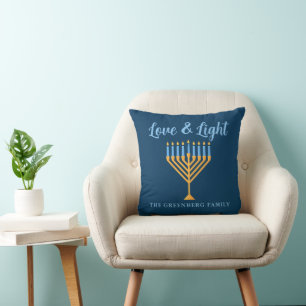 Liebe und leichte Custom Blue Gold Hanukkah Menora Kissen