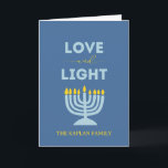 "Liebe und Licht" Menorah Personalisiert Hanukkah Karte<br><div class="desc">Mit dieser eleganten "Liebe und Licht" Hanukkah-Karte wünschen wir Ihnen ein frohes Fest der Lichter. Mit einem leuchtenden Menorah-Design, einem ruhigen, blauen Hintergrund und anpassbarem Familientext ist diese gefaltete Karte ideal, um mit ihren Lieben herzliche Botschaften zu teilen. Egal ob Sie alle acht Nächte feiern oder Segnungen aus der Ferne...</div>