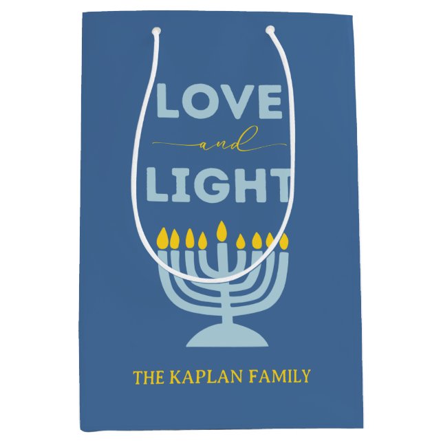 "Liebe und Licht" Menorah Personalisiert Hanukkah Mittlere Geschenktüte (Vorderseite)