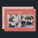 Liebe und Licht | Moderne Schneeflocken Hanukkah Feiertagskarte<br><div class="desc">Ein modernes und festliches Design für Ihre Feiertagsgruß mit zwei nebeneinander liegenden Fotos auf einem Terrakotta-Hintergrund auf dem Trend mit Schneeflocken auf der rechten Seite. "Liebe & Licht" erscheint oben in der Retroschrift, mit Ihrem Familiennamen und dem Jahr am unteren Ende. Ein modernes und auffälliges Design für die Hanukka 2021....</div>