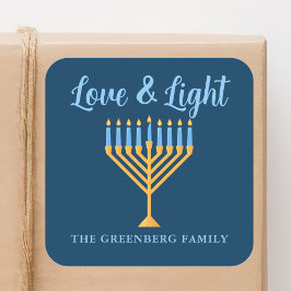 Liebe und Light Blue Gold Hanukkah Menorah Quadratischer Aufkleber