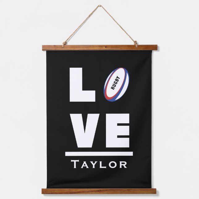 Liebe und Live Rugby Sport Fan Individuelle Name Wandteppich Mit Holzrahmen (Vorderseite)