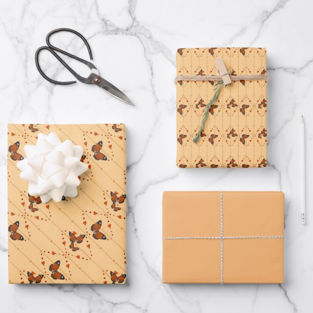 Liebe und Schmetterlinge in Orange Geschenkpapier Set (Vorderseite)