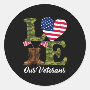 Liebe unsere Veteranen USA-Flagge Herz Patriotisch Runder Aufkleber