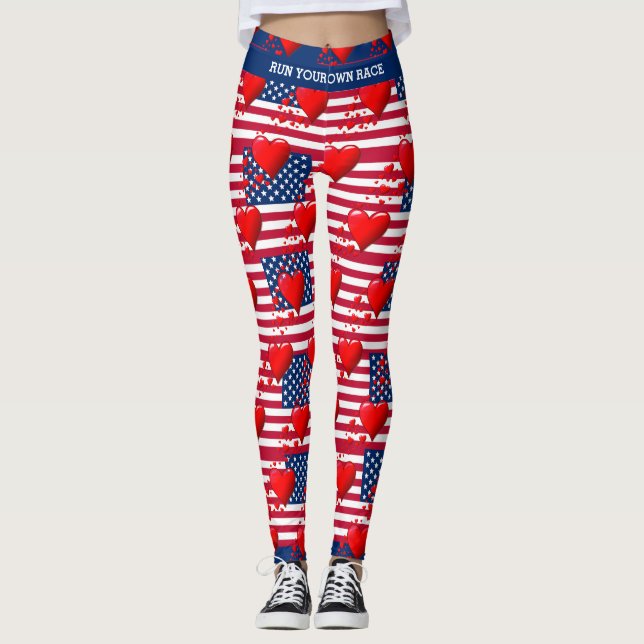 LIEBE USA AMERICAN Flag Red Hearts RUN YOUR RACE Leggings (Vorderseite)