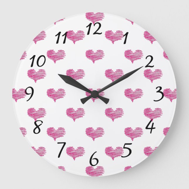 Liebe Valentine's Day Hot Pink Heart Sketch Große Wanduhr (Vorderseite)