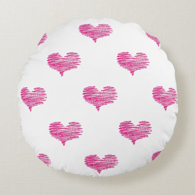 Liebe Valentine's Day Hot Pink Heart Sketch Rundes Kissen (Vorderseite)
