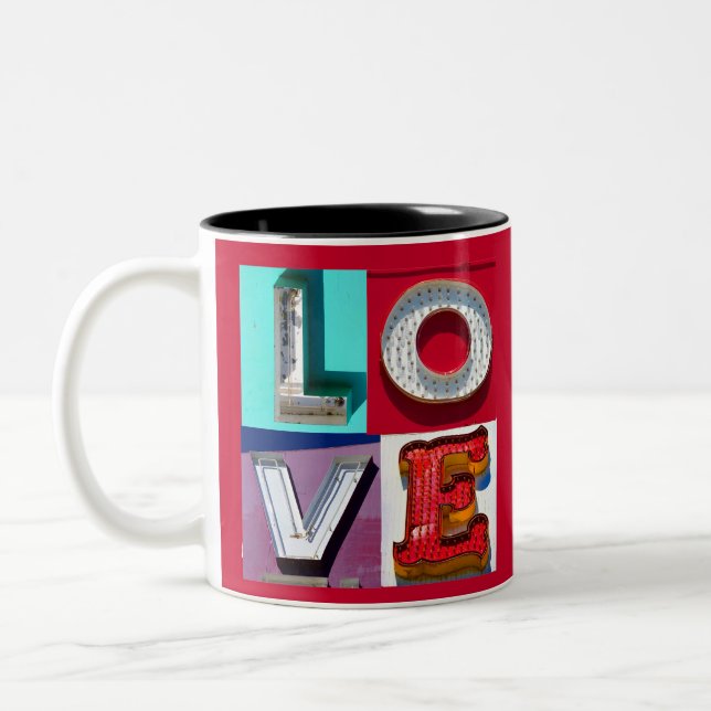 Liebe Valentinstag in Vintagen Schildbriefen Zweifarbige Tasse (Links)