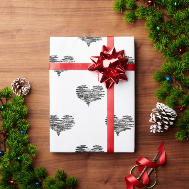 Liebe Valentinstag Schwarzes Herz Sketch Geschenkpapier (Feiertagsgeschenk)