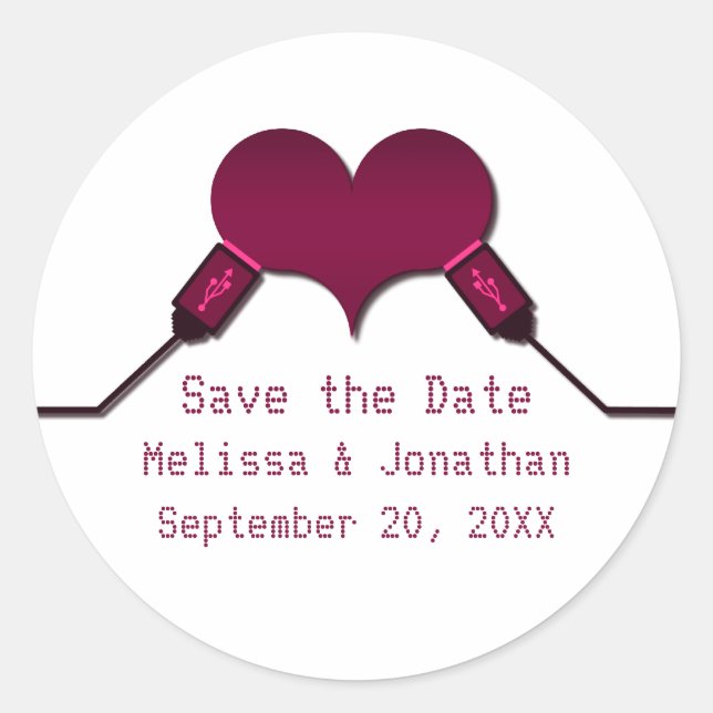 Liebe Verbindung USB Save the Date Sticker, Fuchsi Runder Aufkleber (Vorderseite)