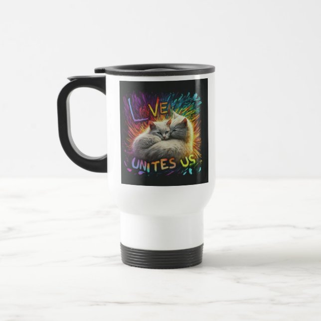 "Liebe vereint uns" Reisecoffee Mug. Reisebecher (Links)