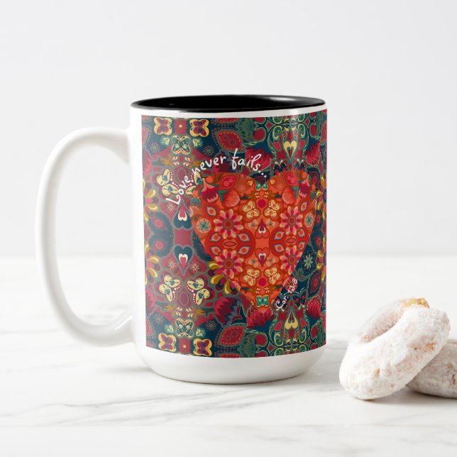 "Liebe versage nie" Farbiges Paisley Herz Zweifarbige Tasse (Mit Donut)