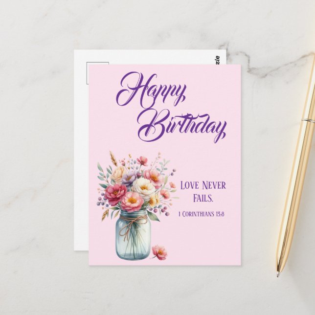 Liebe versagt nie Christliche Geburtstagsgrüße Postkarte (Vorderseite/Rückseite Beispiel)