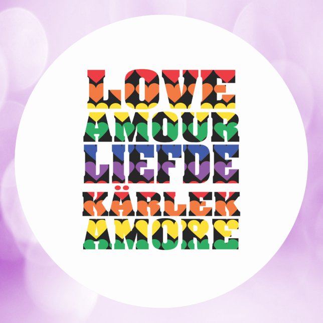 Liebe Viele Sprachen Herz-Regenbogen Runder Aufkleber (A sticker that says love in a variety of languages with colorful hearts)