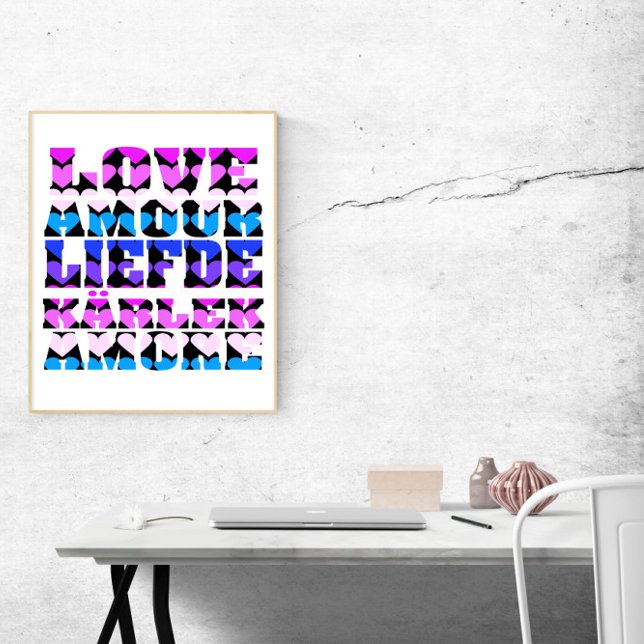 Liebe Viele Sprachen hören Rosa Lila Blau Poster (A poster that says love in French, English, Dutch and more!)