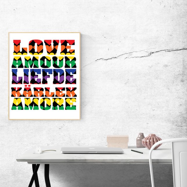 Liebe Viele Sprachen Rainbow Hearts Poster (A poster that says love in many languages with colorful hearts!)
