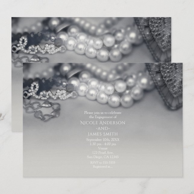 Liebe Vintag Glam Black & White Pearls Hochzeit Einladung (Vorne/Hinten)