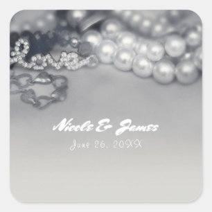 Liebe Vintag Glam Black & White Pearls Hochzeit Quadratischer Aufkleber
