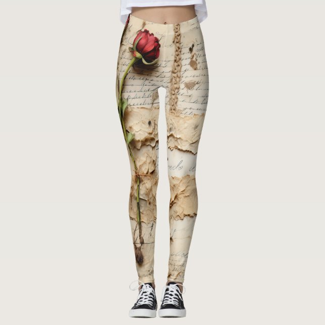 Liebe Vintager Dokumente mit Blume (2) Leggings (Vorderseite)