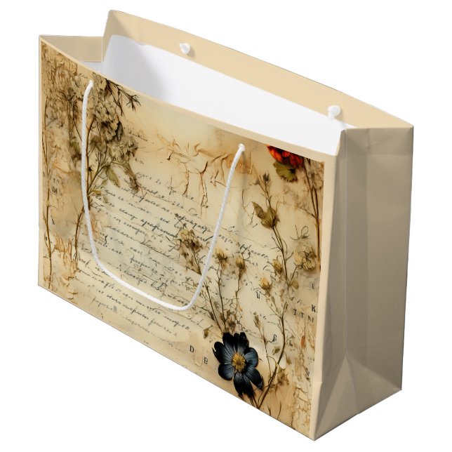 Liebe Vintager Dokumente mit Blume (5) Große Geschenktüte (Vorderseite Schrägansicht)
