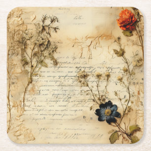 Liebe Vintager Dokumente mit Blume (5) Rechteckiger Pappuntersetzer