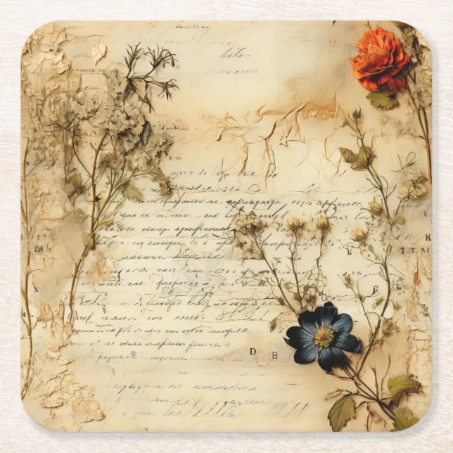 Liebe Vintager Dokumente mit Blume (5) Rechteckiger Pappuntersetzer (Vorderseite)