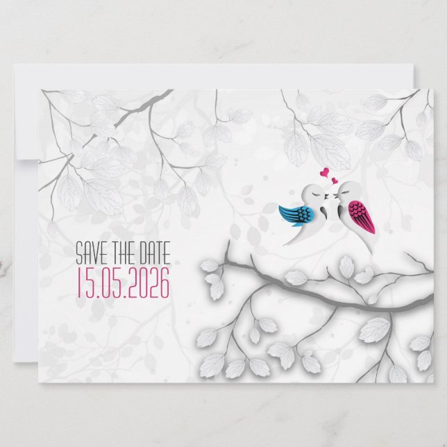 Liebe Vögel auf magischem Weiß - Hochzeit retten d Save The Date (Vorderseite)