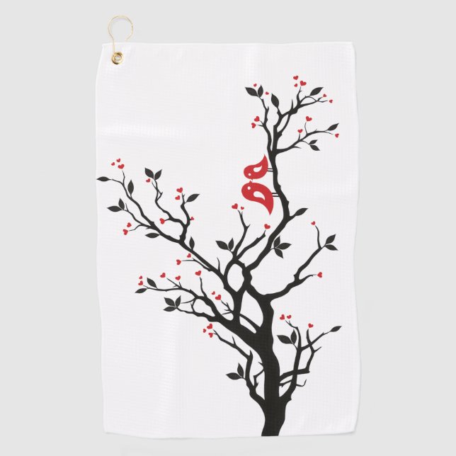 Liebe Vögel auf Zweig - Romantische Kunst des Rote Golfhandtuch (Vorderseite)