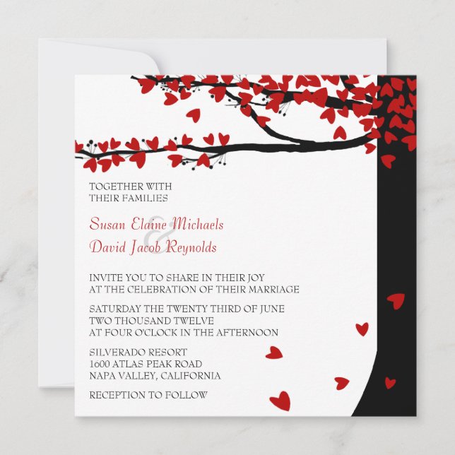 Liebe-Vogel-fallender Herz-roter Färbereiche-Baum Einladung (Vorderseite)