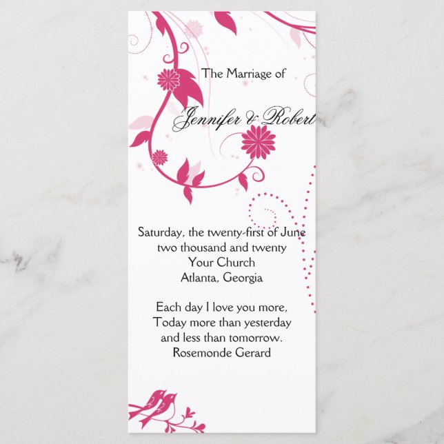 Liebe Vögel in Rosa und Weiß Hochzeitsprogramm Programm (Vorderseite)