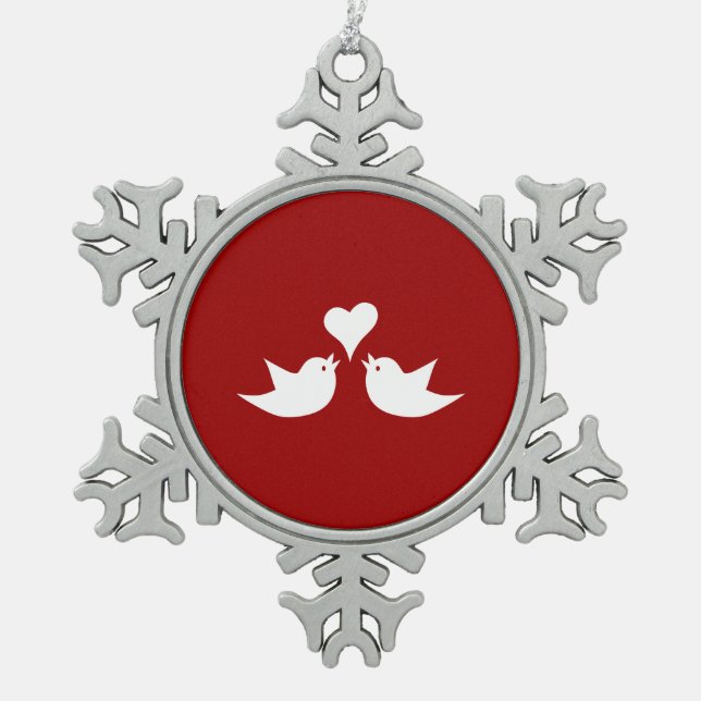 Liebe-Vögel mit Herzen Wedding Enagement Schneeflocken Zinn-Ornament (Vorderseite)