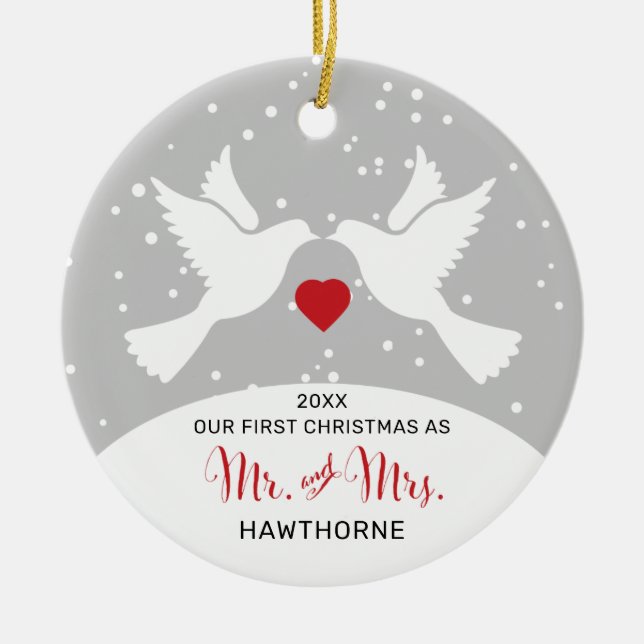 Liebe Vögel Personalisiert Mr. und Mrs. 1 Weihnach Keramik Ornament (Vorne)