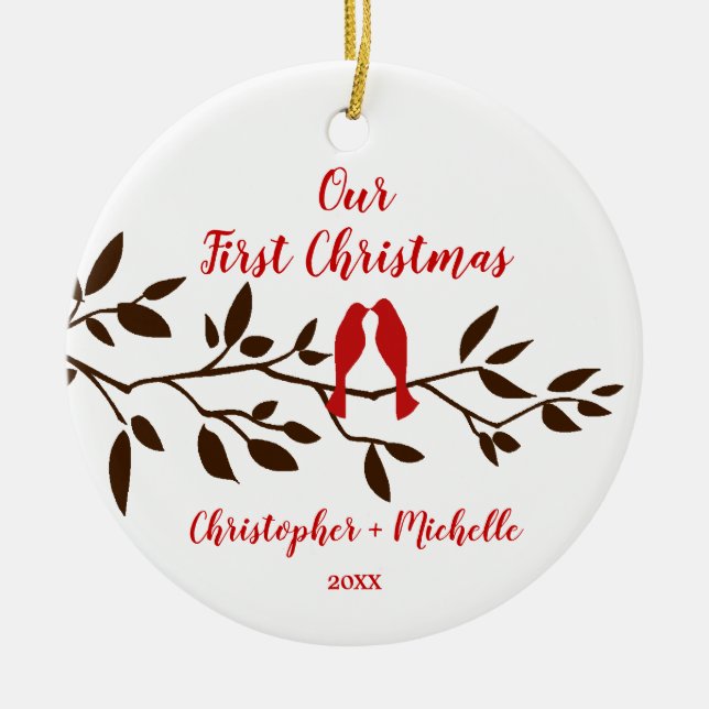 Liebe-Vögel unsere erste Weihnachtsverzierung Keramik Ornament (Vorne)