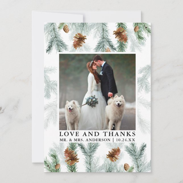 Liebe von Aquarellkiefern dank Hochzeitsslima Dankeskarte (Vorderseite)