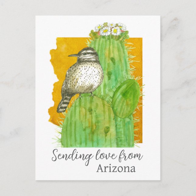 Liebe von Arizona Saguaro Cactus Wren Postkarte (Vorderseite)