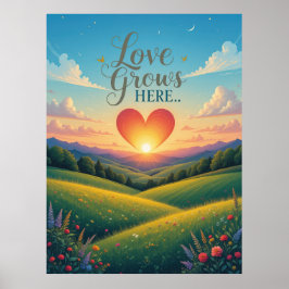 Liebe wächst hier romantische Herzkunst Poster