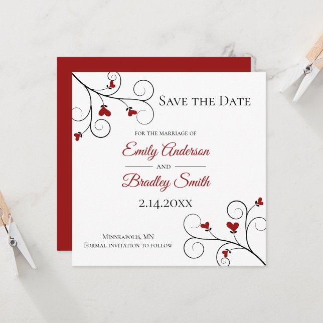 Liebe wächst | Red Hearts Wedding Save the Date Einladung (Vorderseite/Rückseite Beispiel)