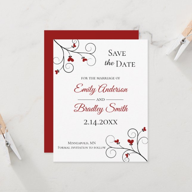 Liebe wächst | Red Hearts Wedding Save the Date Einladung (Vorderseite/Rückseite Beispiel)