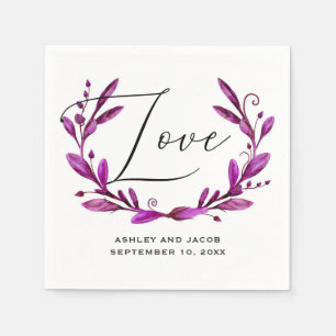Liebe. Wasserfarbe lila florale Schrift Hochzeit Serviette