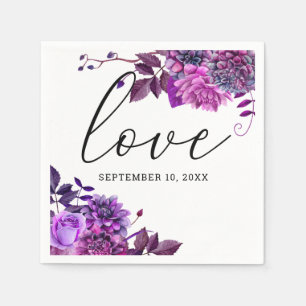 Liebe. Wasserfarbe lila florale Schrift Hochzeit Serviette