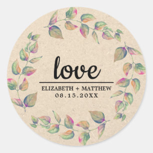 Liebe. Wasserfarben-Branchen Hochzeitspapier Runder Aufkleber