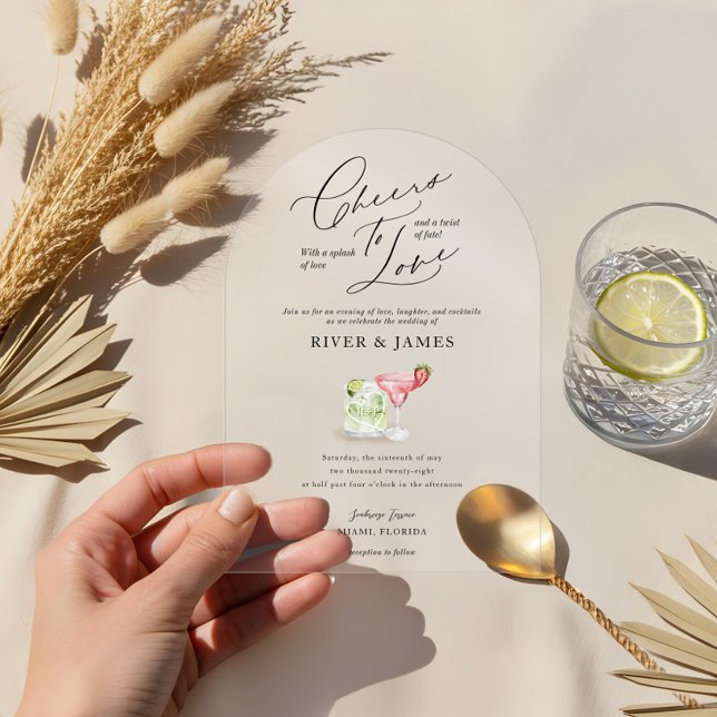 Liebe Watercolor Paares Cocktail Hochzeit Acryleinladungen (Cheers to Love Watercolor Couples Cocktail Wedding Acrylic Invitations)