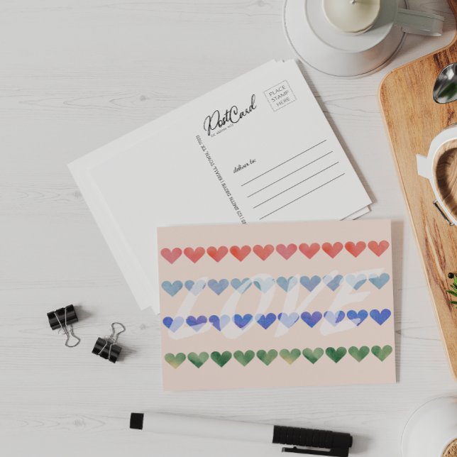 Liebe Watercolor Retro Hearts Say Hallo Postcard Postkarte (Von Creator hochgeladen)