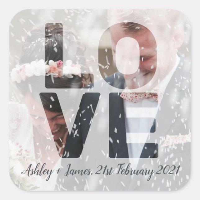 LIEBE Wedding Theme Sheer Overlay Foto Quadratischer Aufkleber (Vorderseite)
