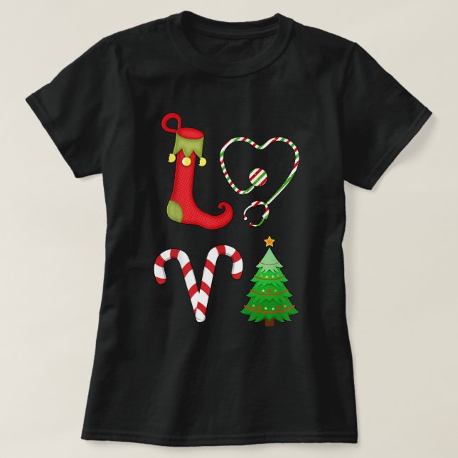 Liebe Weihnachten Stethoscope Nurse Tree ELF Candy T-Shirt (Design vorne)